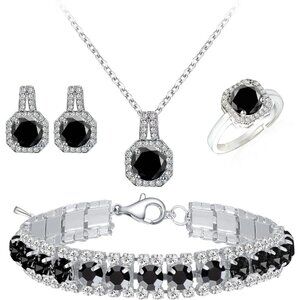 👑Women Classic Fashion Pendant Necklace Earrings Ring Silver Black Jewelry Set